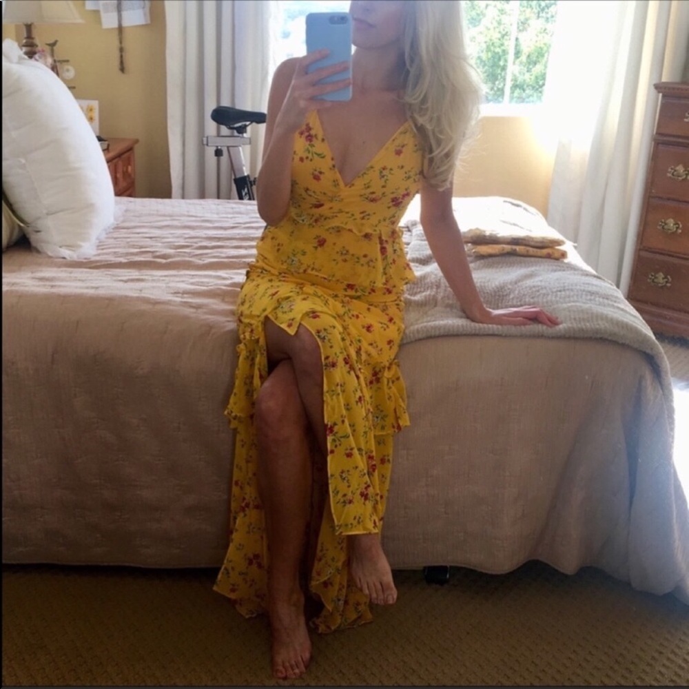 LULU’S Sexy Long Yellow Floral Ruffle Maxi Dress - Picture 2 of 8
